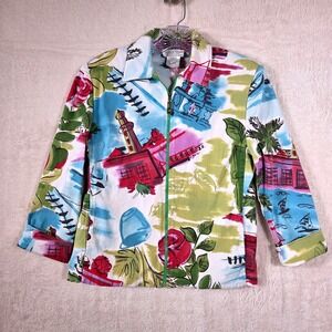 Vtg St John Sport Jacket Petite P Multicolor Coastal Print Zip Front Resort Y2K